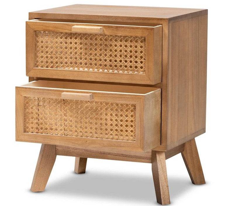 Baden Wood with Rattan 2 Drawer Nightstand Walnut Brown