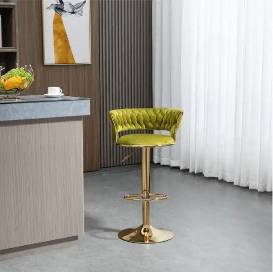 37.8 in. Swivel Adjustable Height Golden Metal Frame Cushioned Bar Stool with Green Velvet Seat