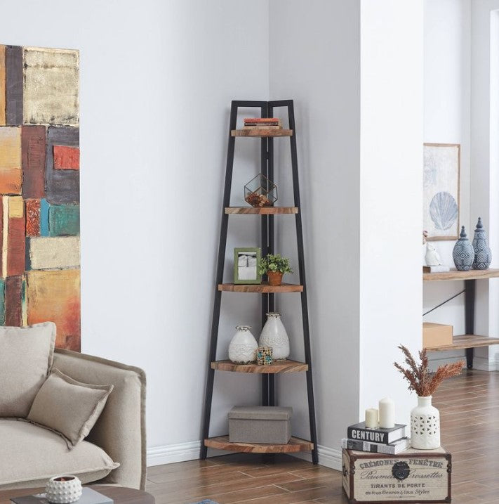 70" 5-Tier Corner Ladder Display Shelving Unit Metal & Distressed Wood