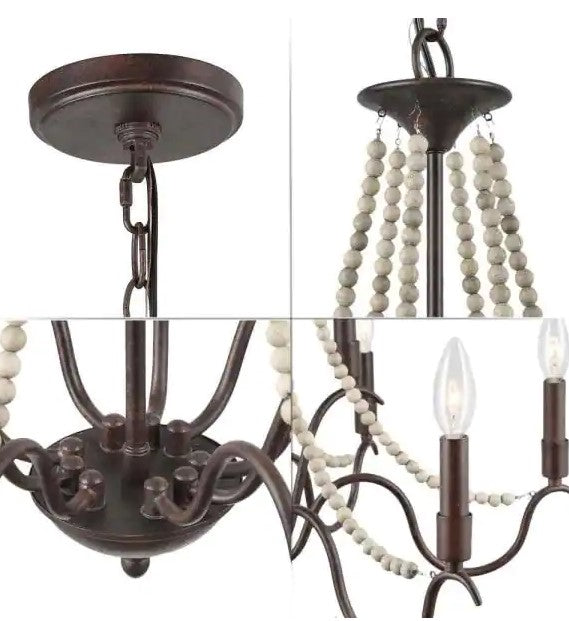 28 in. 9-Light Farmhouse Wood Beaded Dining Candle Chandelier with Rust Accents