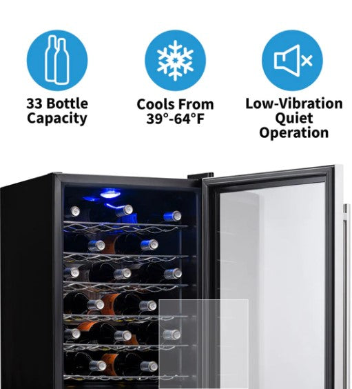 33 Bottle Compressor Wine Fridge in Stainless Steel, Adjustable Chrome Racks