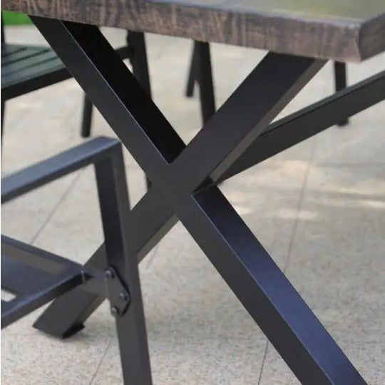 Black Rectangle Metal Patio Outdoor Dining Table with Wood-Look Tabletop