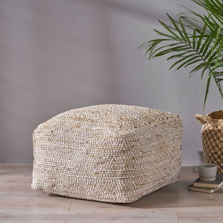 Abella Handcrafted Boho Large Fabric Rectangular Pouf Ivory/Beige
