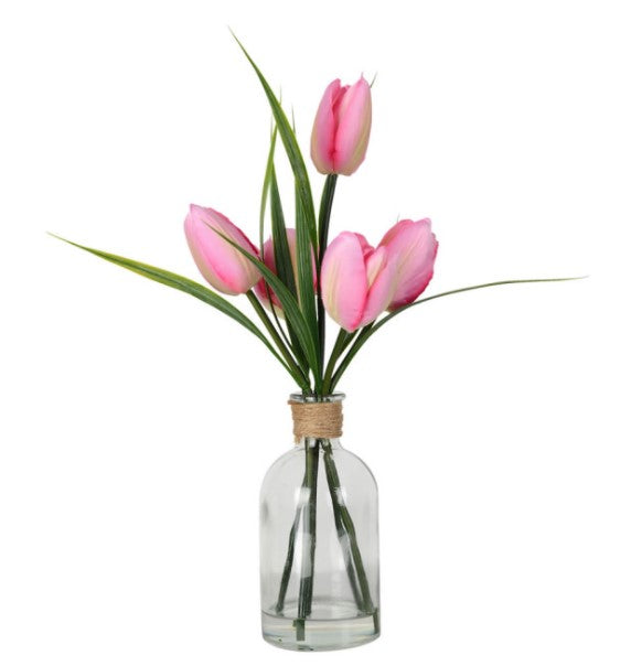 12" Pink Tulip, Glass Pot ee1522