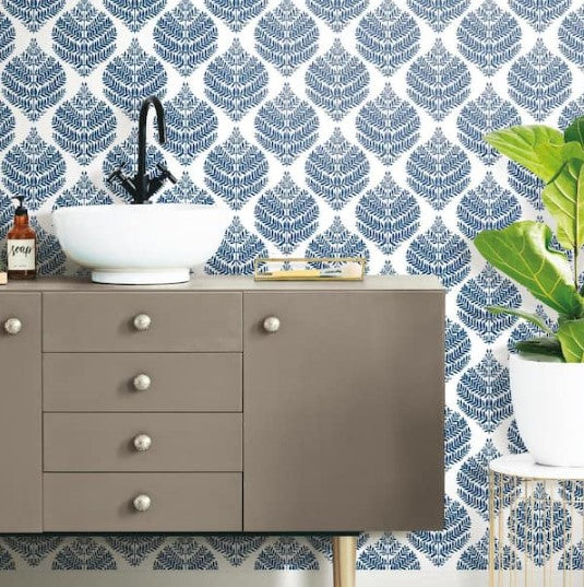 20.5in x 16.5ft Hygge Fern Damask Blue and White Peel and Stick Wallpaper, Set of 4