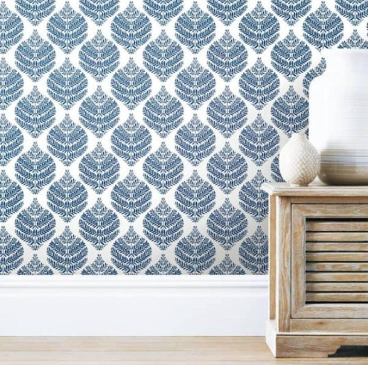 20.5in x 16.5ft Hygge Fern Damask Blue and White Peel and Stick Wallpaper, Set of 4