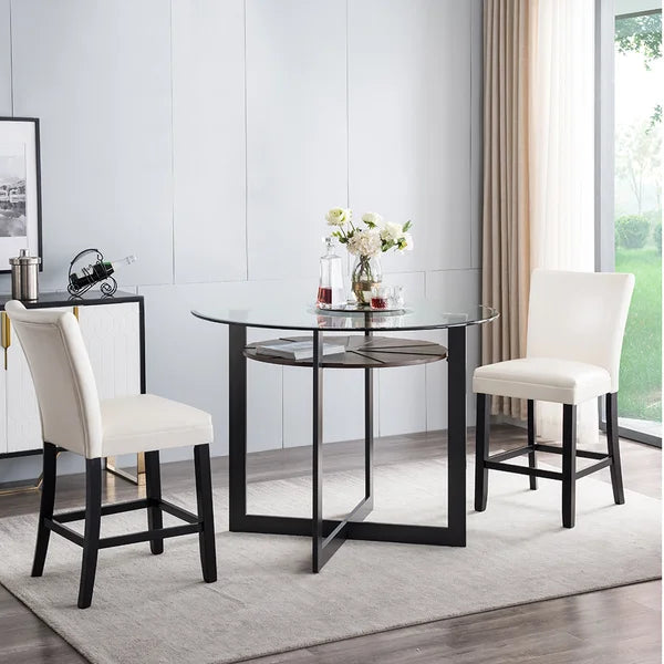 White Set Of 2 Bar Stool With Middle Back, Solid Wood Legs, Breathing Leather, Upholstered Stools (Set of 2)