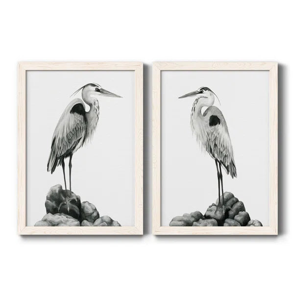 20" H x 34" W x 1.5" D Shoreline Heron In B&W I - 2 Piece Picture Frame Painting