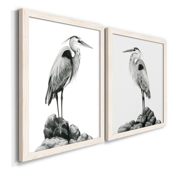 20" H x 34" W x 1.5" D Shoreline Heron In B&W I - 2 Piece Picture Frame Painting
