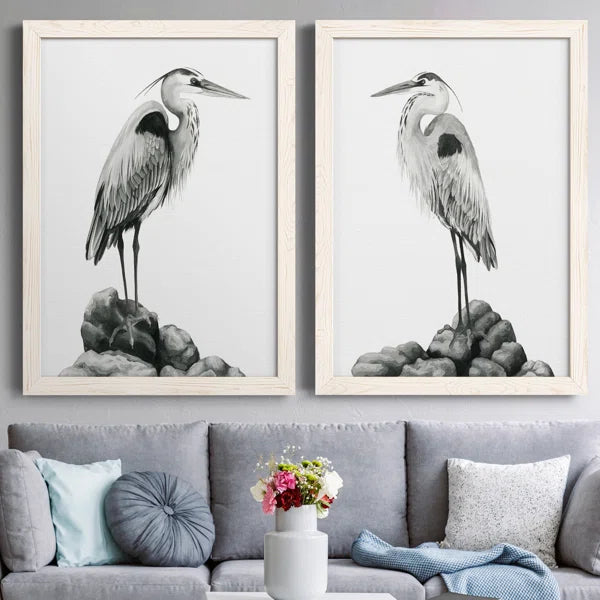 20" H x 34" W x 1.5" D Shoreline Heron In B&W I - 2 Piece Picture Frame Painting