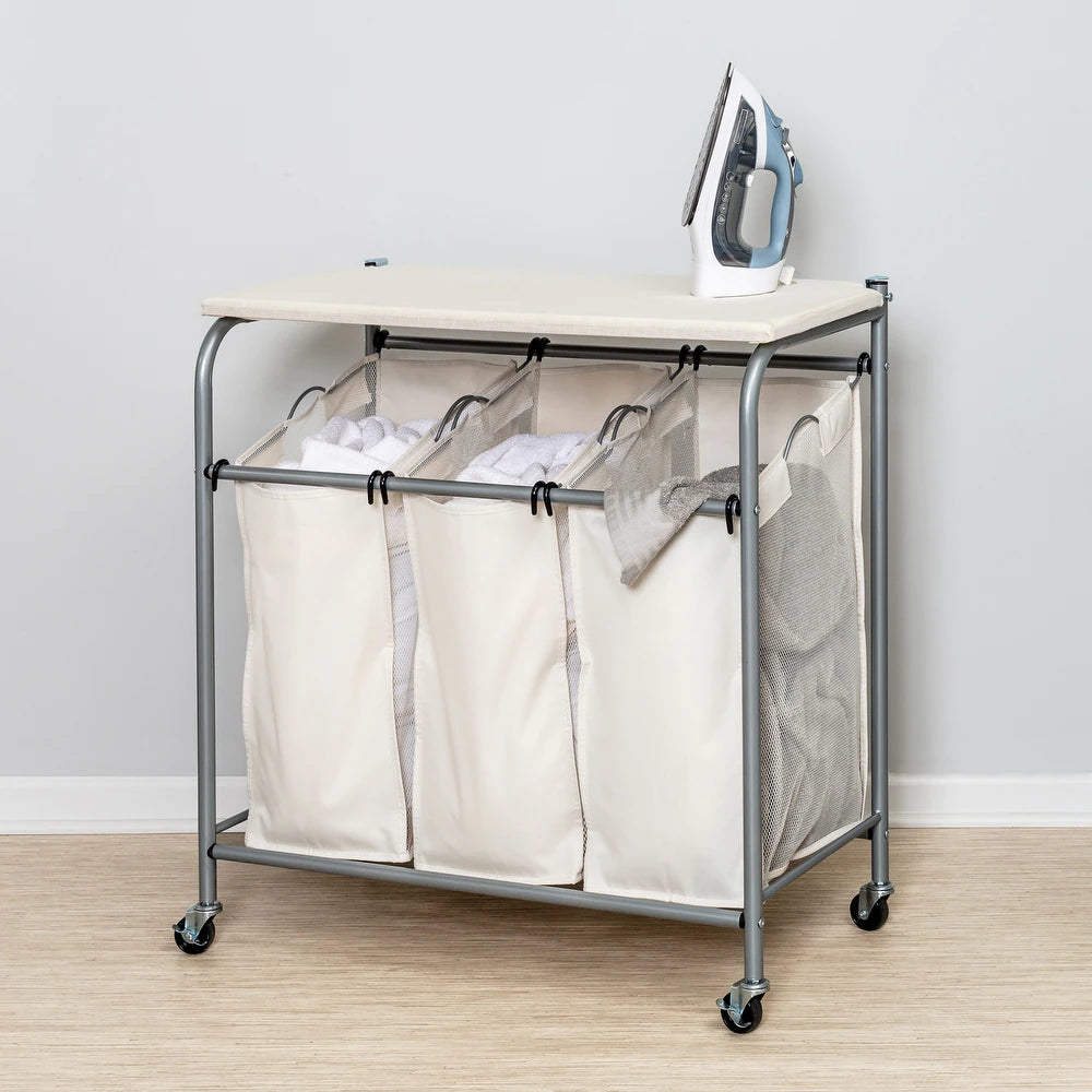 Silver/Natural Triple Laundry Sorter with Ironing Board