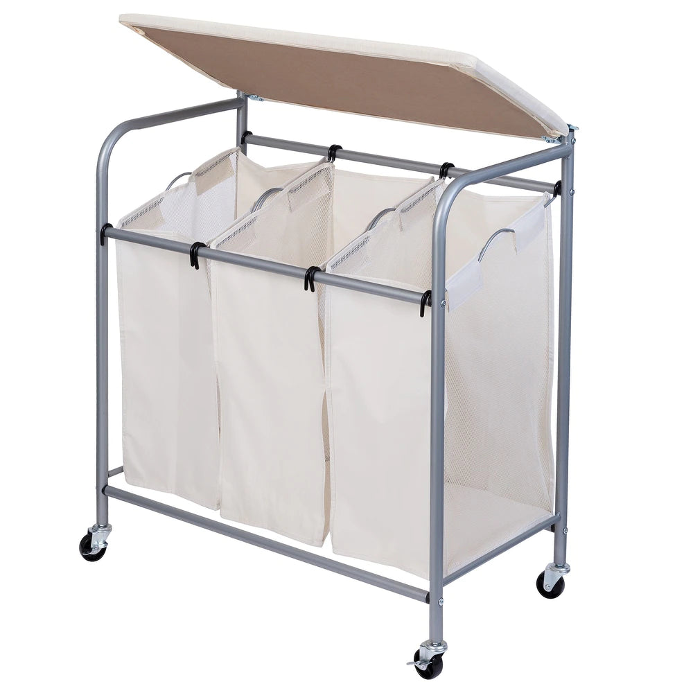 Silver/Natural Triple Laundry Sorter with Ironing Board