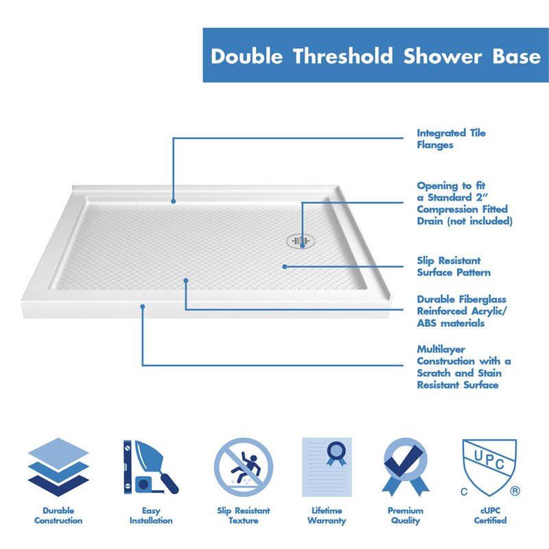 White SlimLine 48" W x 36" D Double Threshold Shower Base EJ887