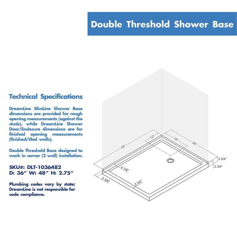 White SlimLine 48" W x 36" D Double Threshold Shower Base EJ887