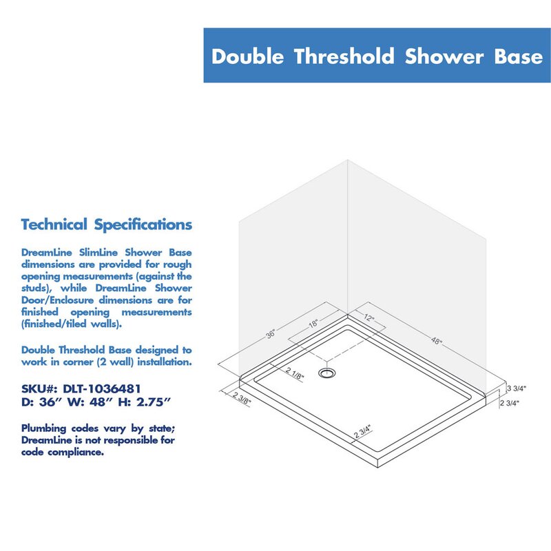 White SlimLine 48" W x 36" D Double Threshold Shower Base EJ887