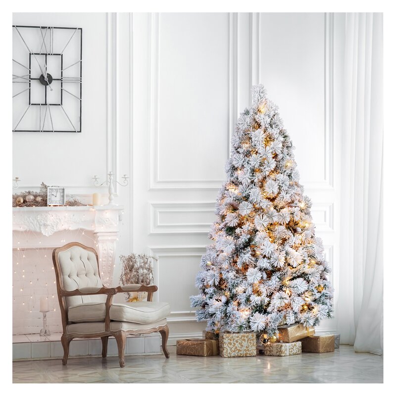 6' H Snowy White Pine Flocked/Frosted Christmas Tree with LED Lights and Pinecones
