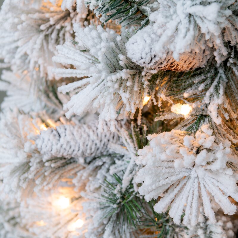 6' H Snowy White Pine Flocked/Frosted Christmas Tree with LED Lights and Pinecones