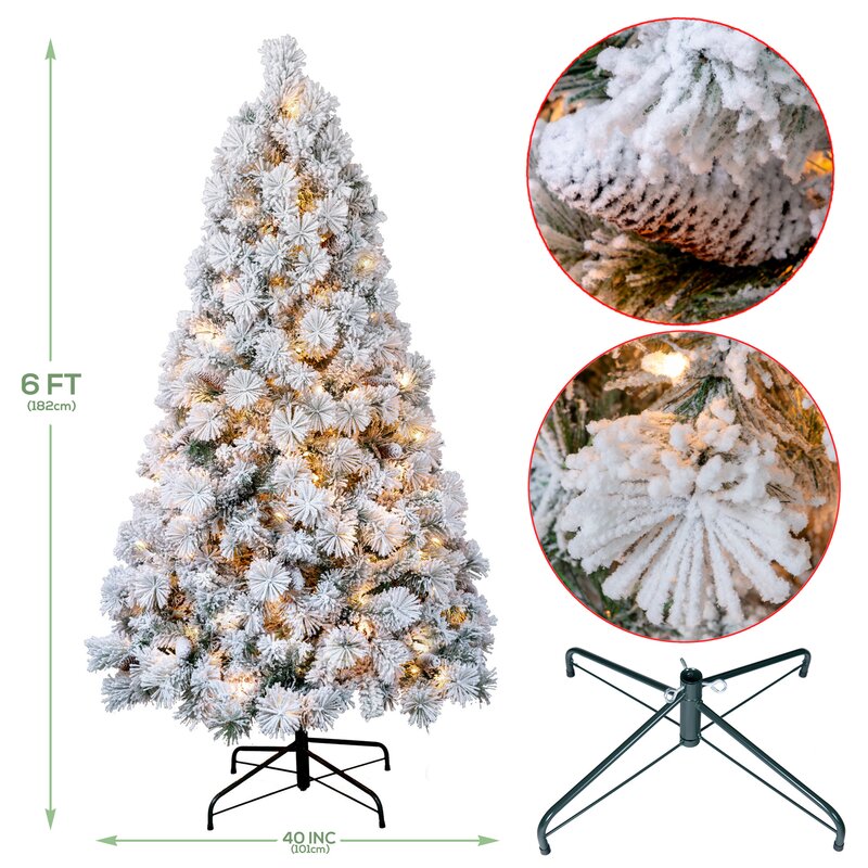 6' H Snowy White Pine Flocked/Frosted Christmas Tree with LED Lights and Pinecones