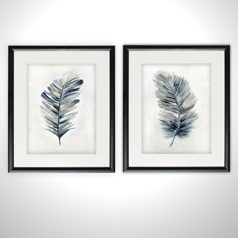 White/Navy Blue Soft Feathers Framed Print Set 2228