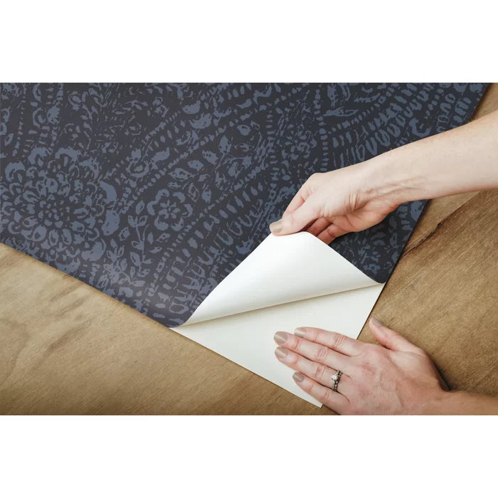 Blue/Black Solenne Ornate Ogee 16.5' L x 20.5" W Peel and Stick Wallpaper Roll