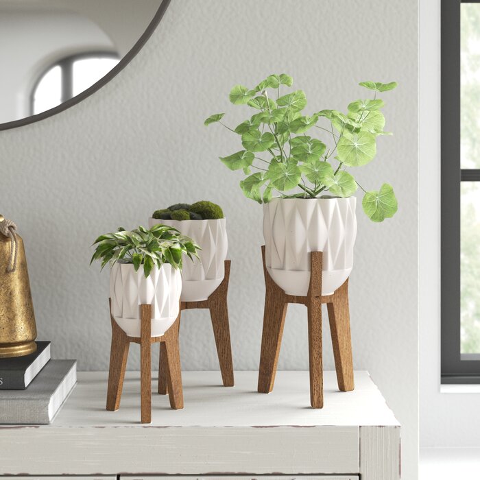 3 Piece Ceramic/Solid Wood Planter Set LX5489