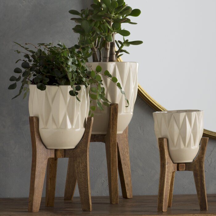 3 Piece Ceramic/Solid Wood Planter Set LX5489