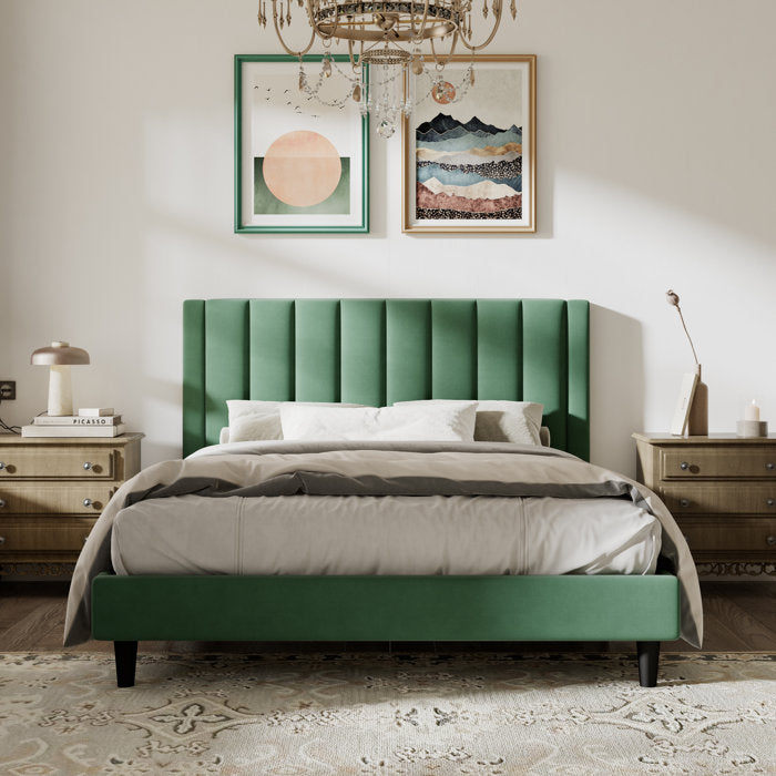 Queen Green Sonoma Velvet Upholstered Bed with Tufted Headboard