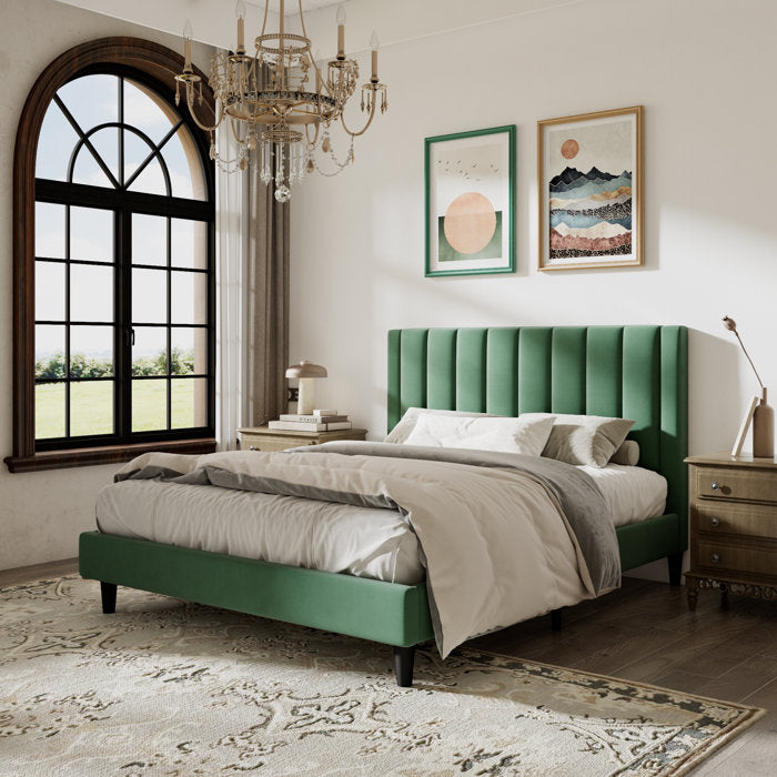Queen Green Sonoma Velvet Upholstered Bed with Tufted Headboard