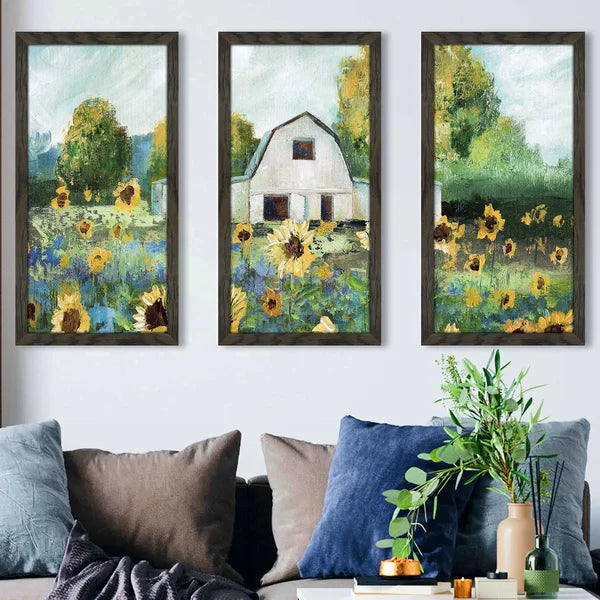 52.5" W x 33.5" H x 1" D Sunflower Barn by Nan - 3 Piece Picture Frame Painting