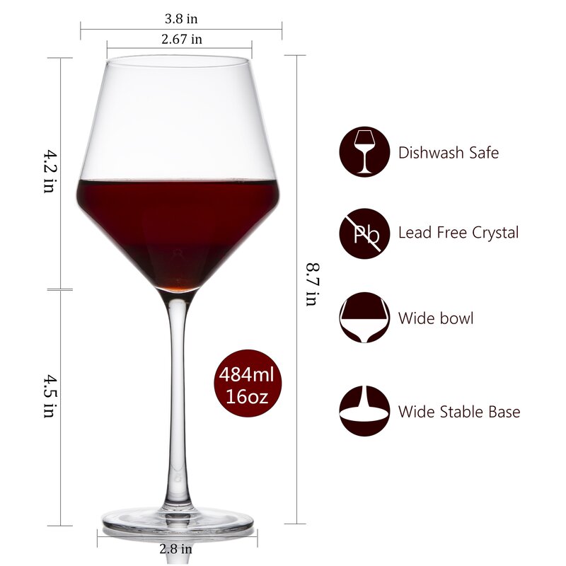 Swanfort Red Wine Glass Set 2,16 Oz Italian Style Wine Glass With Long Stem, Lead-free Crystal Burgundy Wine Glasses In Gift Box, Premium Clear Wine Glass For Home Bar, Kitchen, Restaurants (Set of 6) CYB630