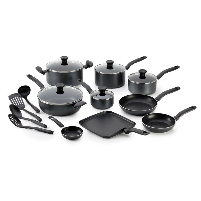Black Initiatives 18 Piece Aluminum Nonstick Cookware Set & Cooking Utensils