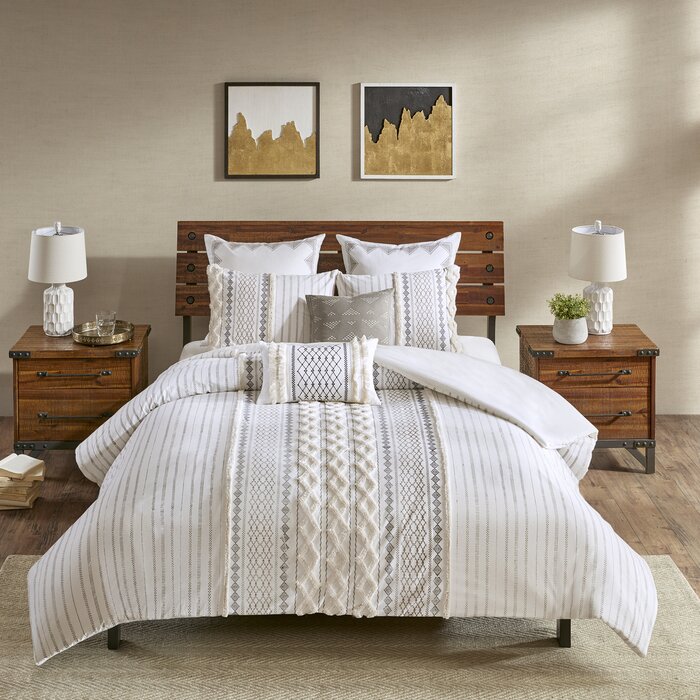 (Full/Queen) Duvet Cover + 2 Shams Cover Set - Ivory/Gray TTR146
