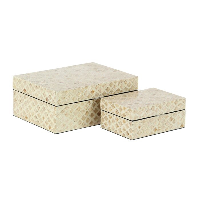 2 Piece Mother of Pearl Inlay Decorative Box Set - Distressed Beige TTR153