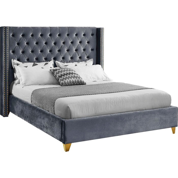 (Queen) Solid Wood Tufted Upholstered Low Profile Platform Bed - Gray TTR222