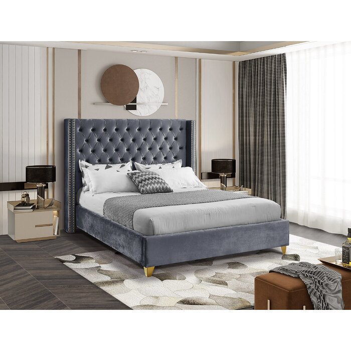 (Queen) Solid Wood Tufted Upholstered Low Profile Platform Bed - Gray TTR222