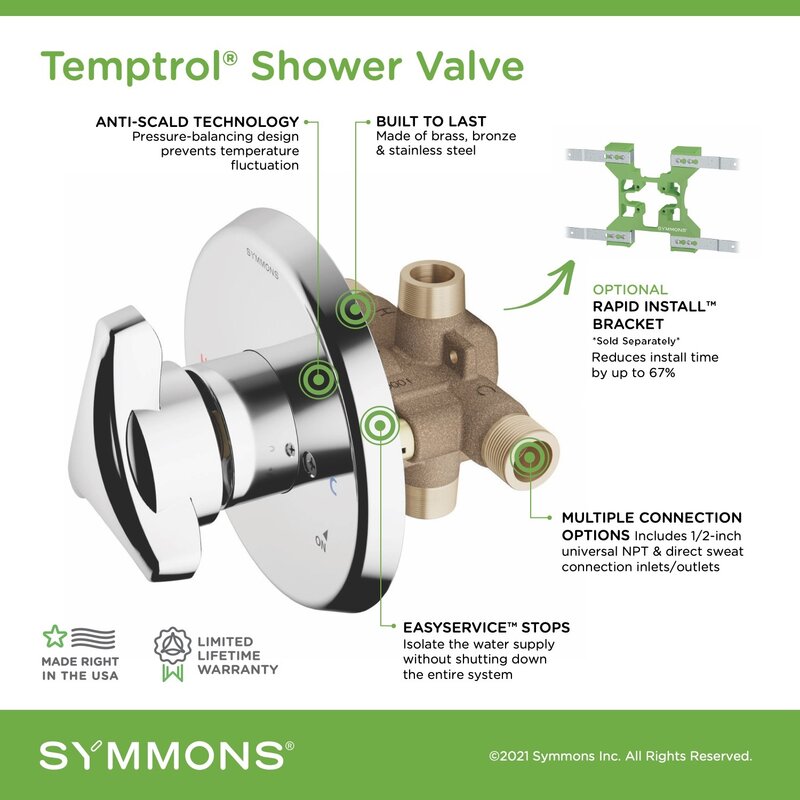 Temptrol Symmons Pressure Balancing Tub and Shower Mixing Valve with VersaFlex Integral Diverter and EasyService Stops