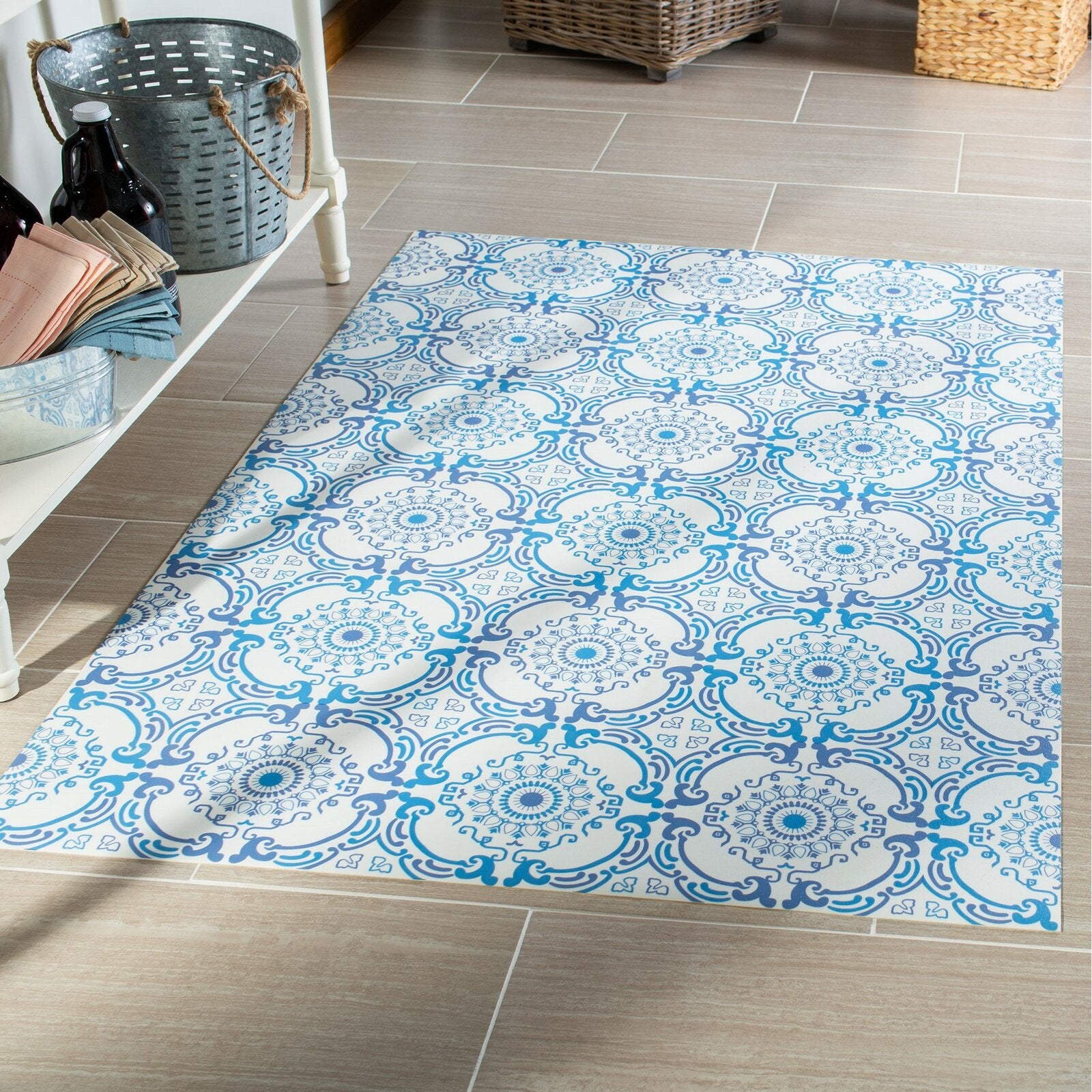 Blue Tiago Vinyl Floor One Hundred Thirteen Kitchen Mat KRUG048