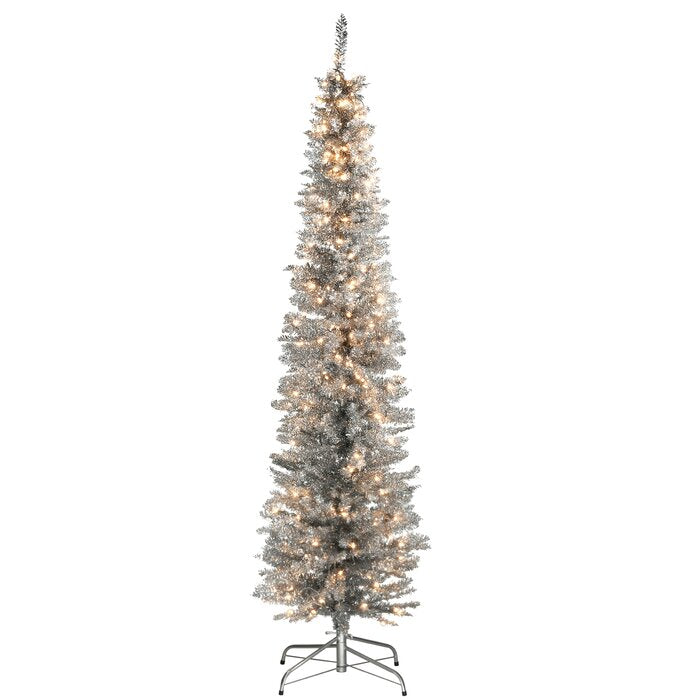 7' Tinsel Trees Silver Pine Artificial Christmas Tree with Clear Lights (#K6624)