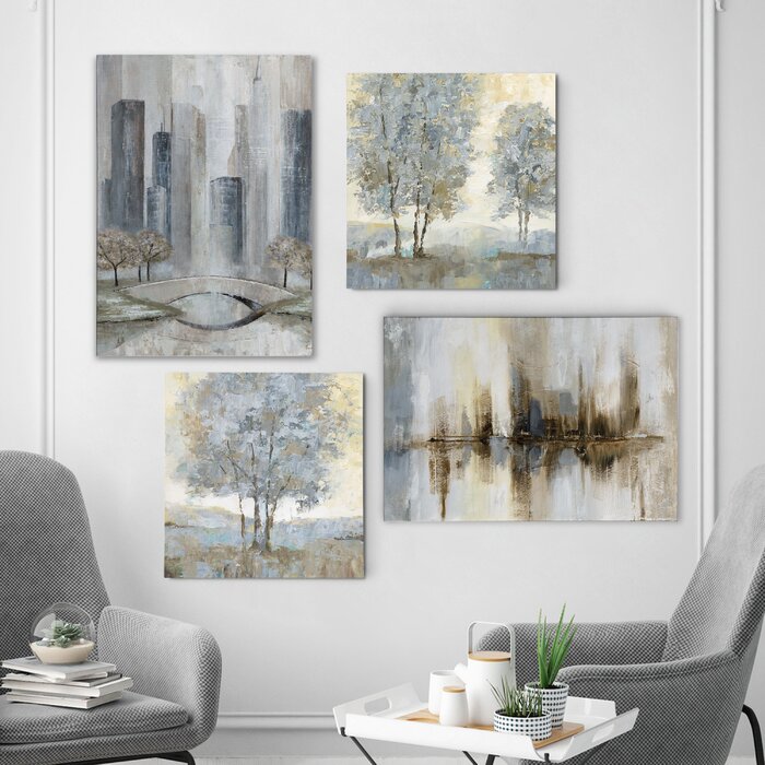 Touch Of Modern Grays - 4 Piece Wrapped Canvas, 32" H x 96" W x 1.5" D