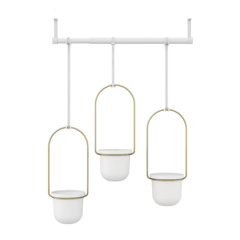 White/Brass Triflora 3-Piece Hanging Planter