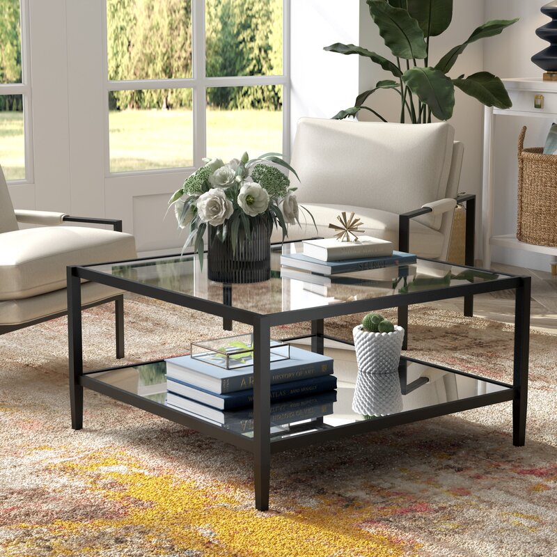 Blackened Bronze Anissa Glass 4 Legs Coffee Table with Storage CYB830