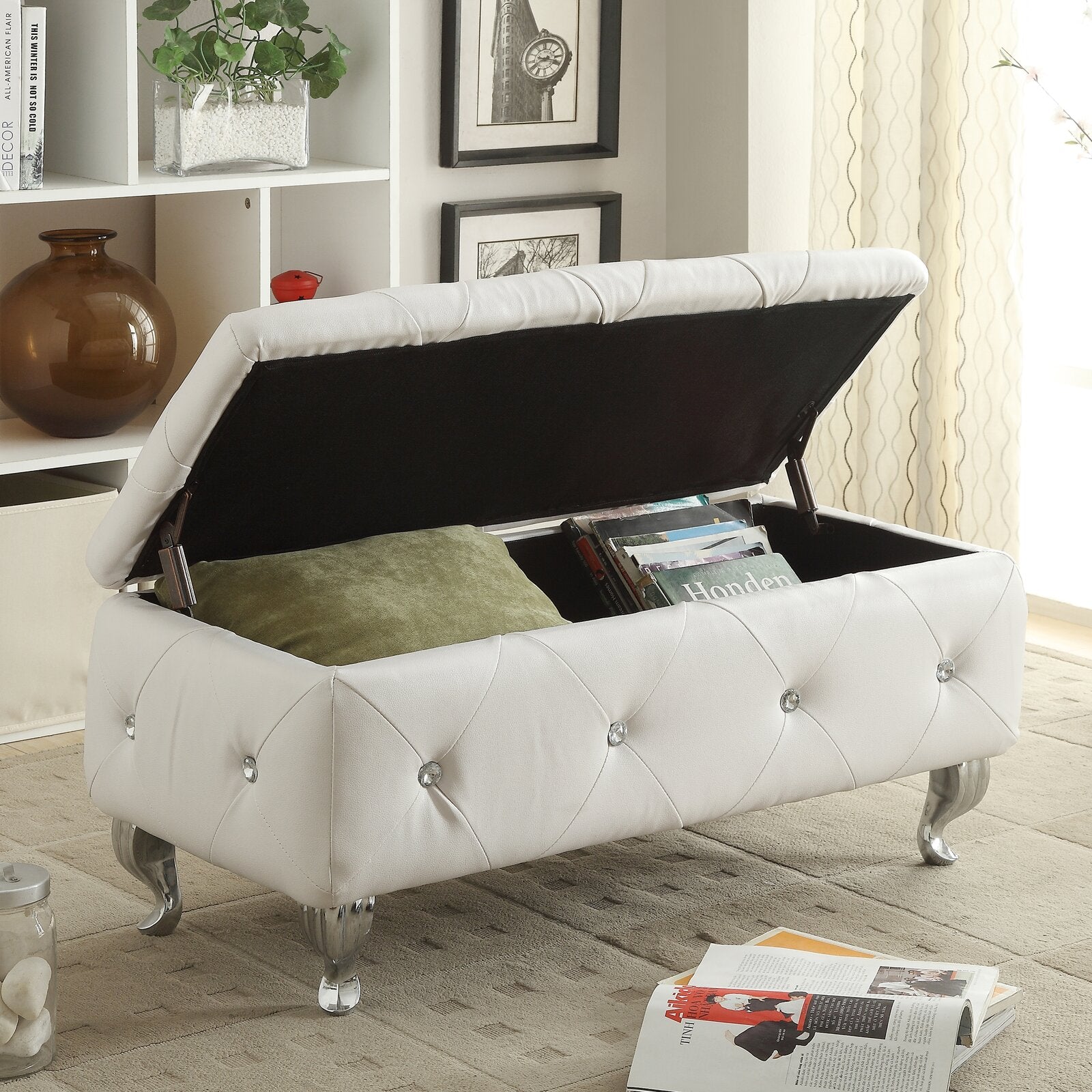 White Victoria Faux Leather Flip Top Storage Bench K7645