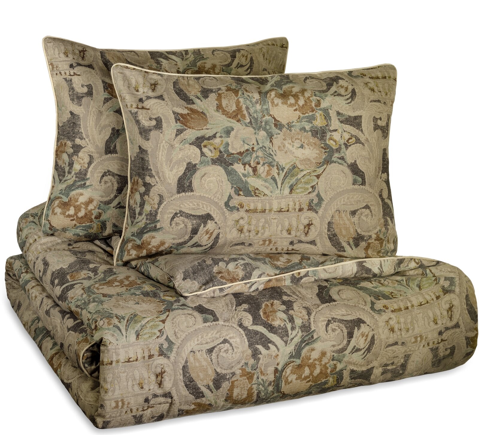 Queen Comforter + 2 Shams + 1 Bed skirt Dark grey, Parchment, Ochre, Sage, and Brown. Volterra Comforter Set SC246