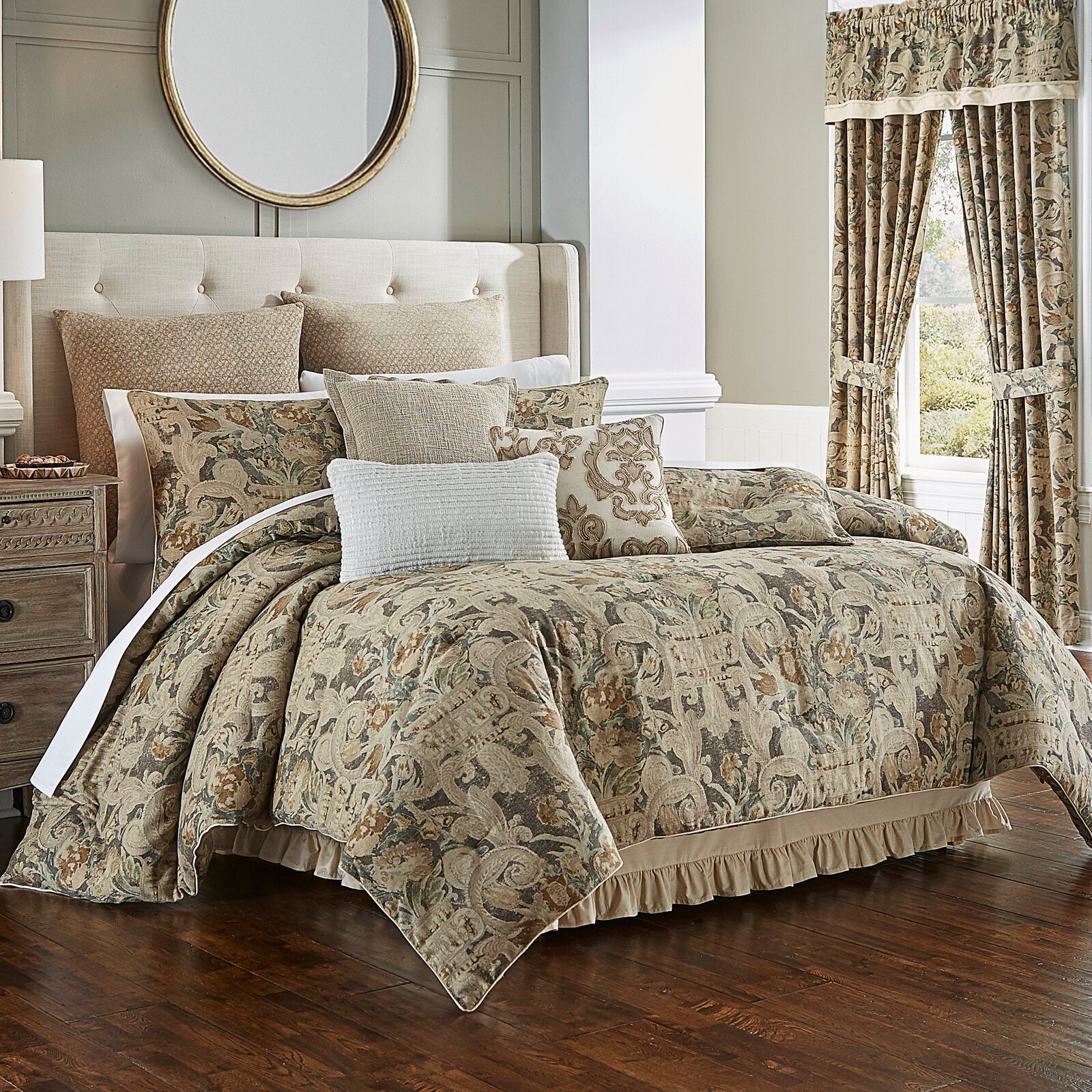 Queen Comforter + 2 Shams + 1 Bed skirt Dark grey, Parchment, Ochre, Sage, and Brown. Volterra Comforter Set SC246