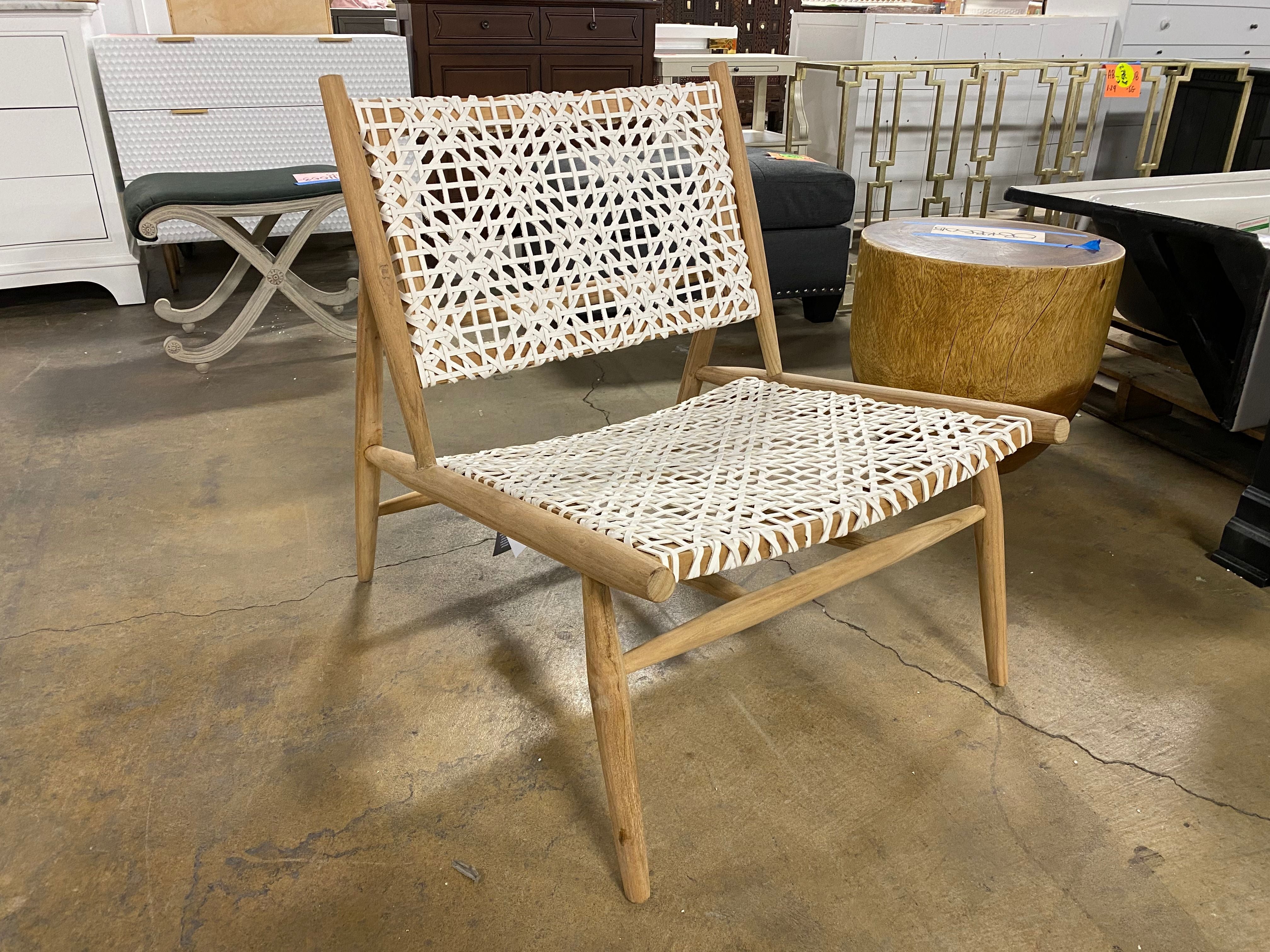 Bandelier Accent Chair Leather Weave Off White Natural Wood Teak 7 MM Cowhide