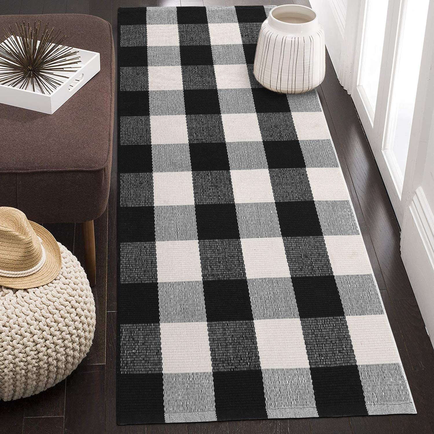 Azimut Plaid Hand Braided Cotton Black/White Area Rug AS133
