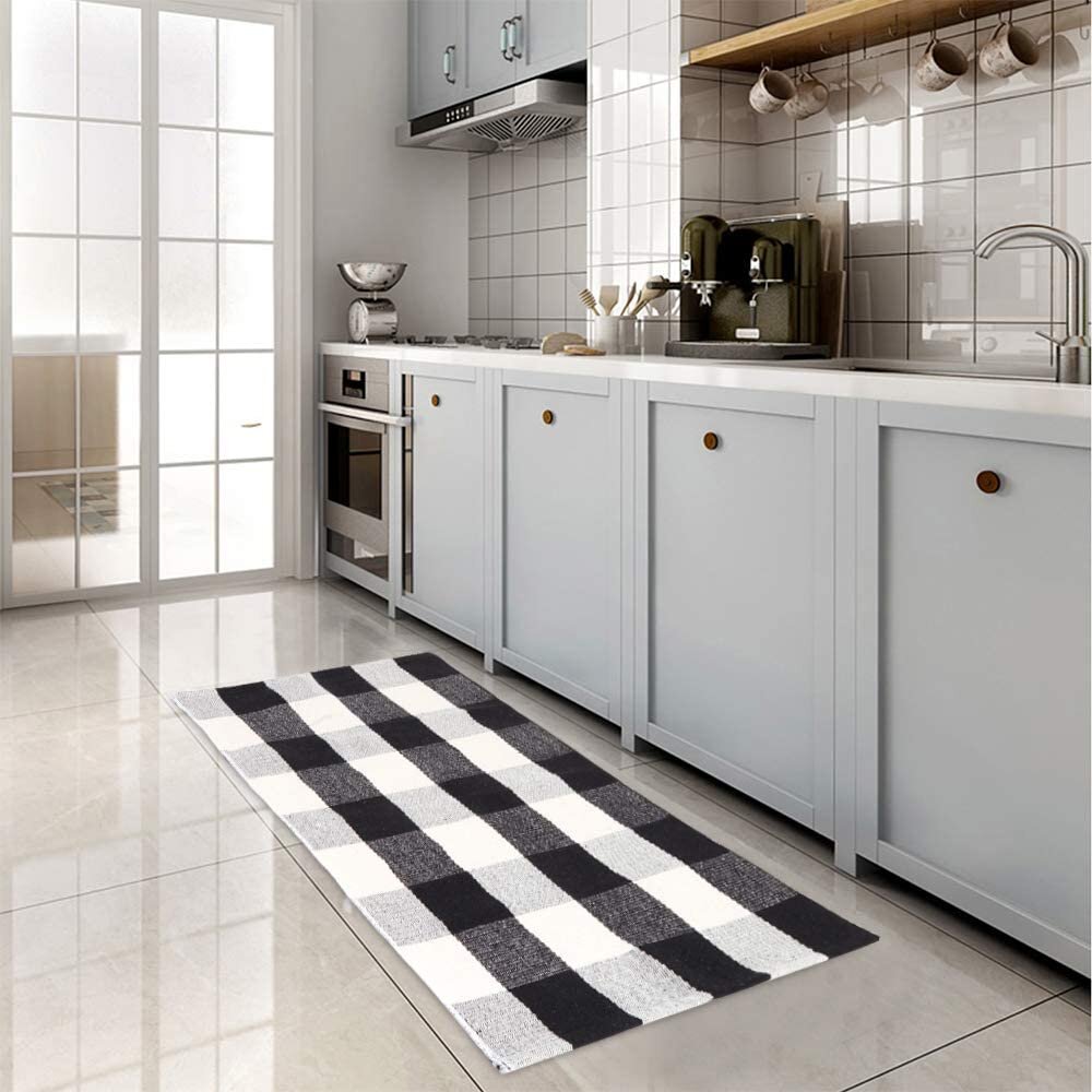 Azimut Plaid Hand Braided Cotton Black/White Area Rug AS133