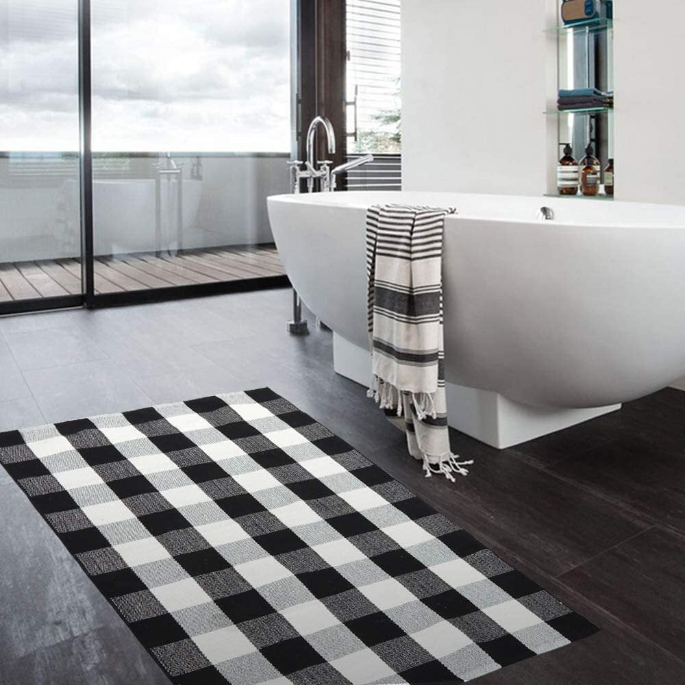 Azimut Plaid Hand Braided Cotton Black/White Area Rug AS133