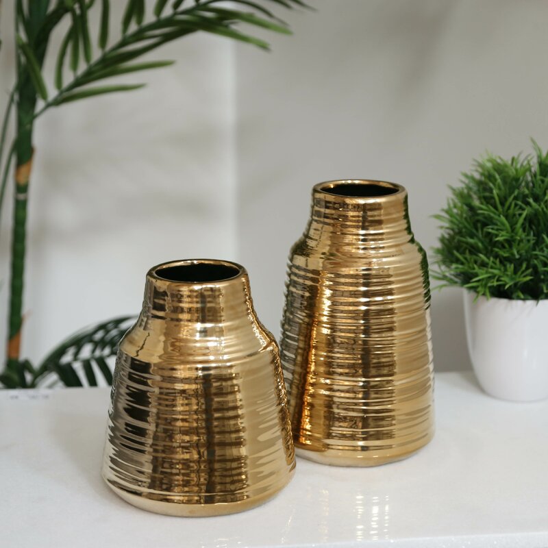 9.75" H x 6.25" W x 6.25" D Gold Wimborne Ceramic Round Table Vase CL476
