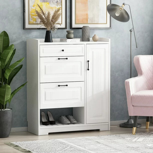 18 Pair Shoe Cabinet Wood Pull Down Storage Cabinet with Drawer and Door for Home Enterance, White